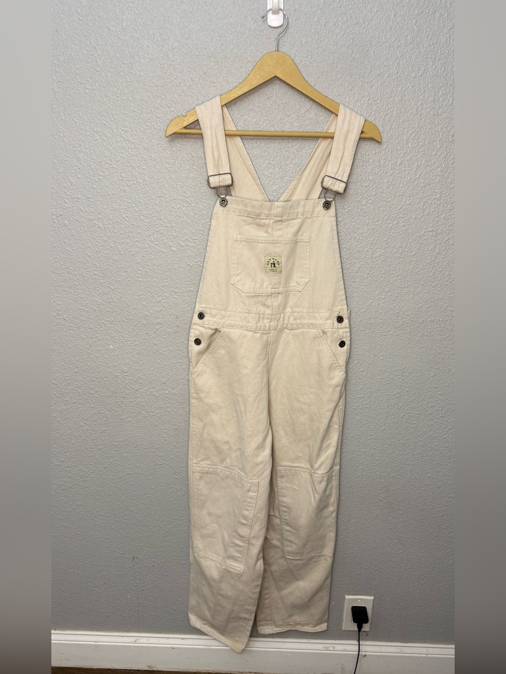 Hey Gang | Cream Canvas Knee Patch BIB Overalls | Natural Denim | Size 1 - Small - Picture 2 of 7